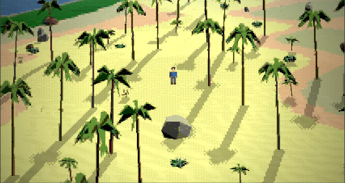 A character walking along a coast between forest and sea.