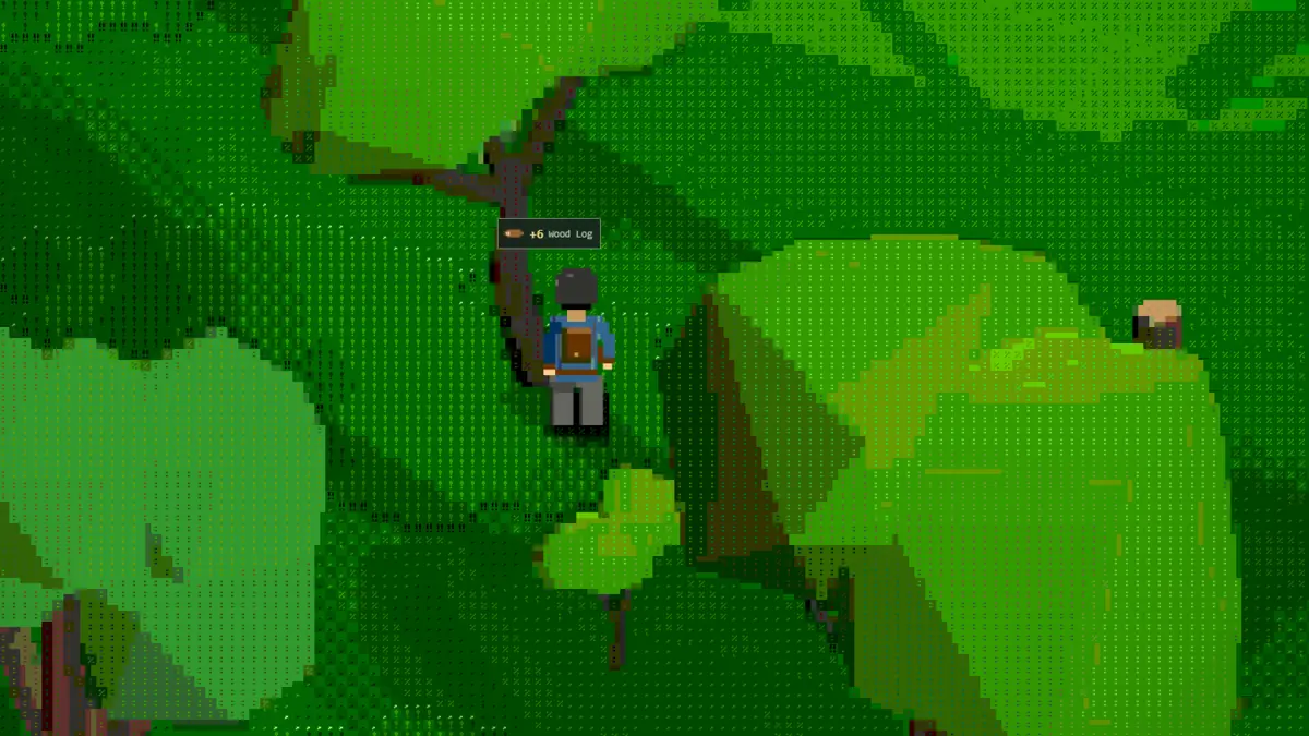 A character chopping a tree beside a stack of logs.