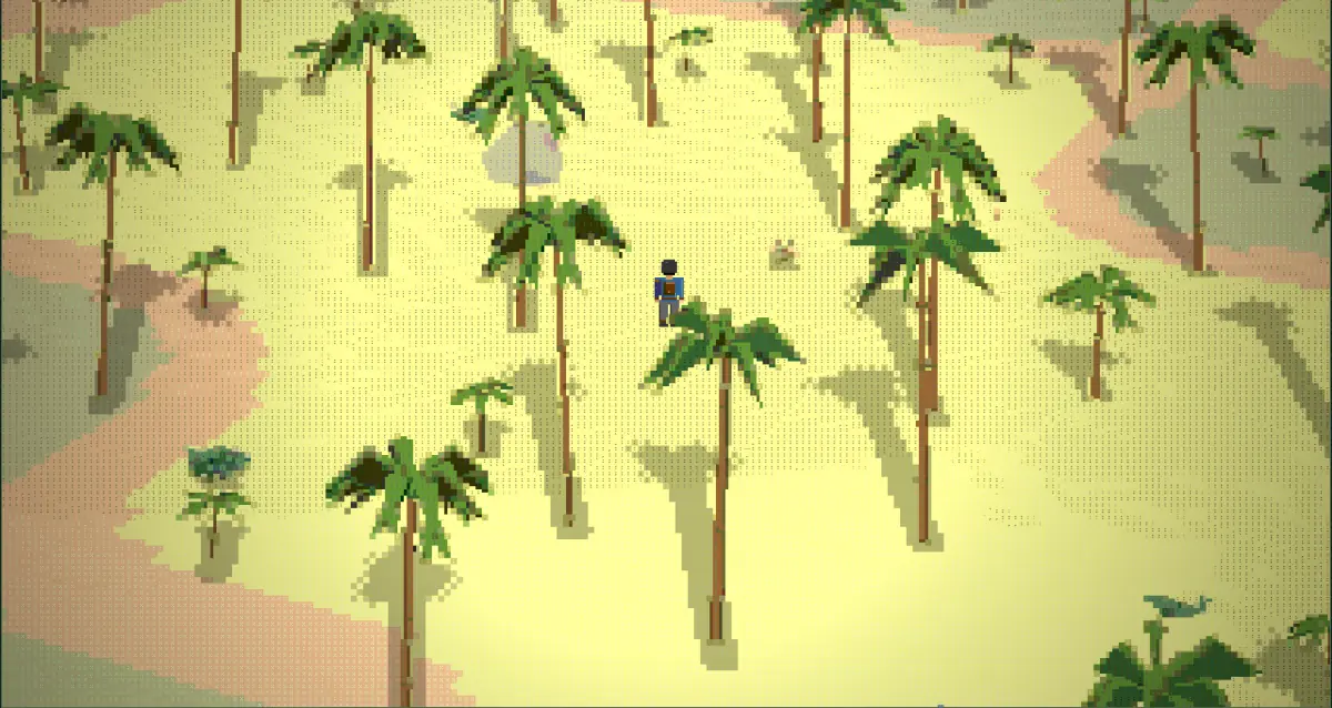 Palm trees on a sandy coast in morning light, rendered in text characters.